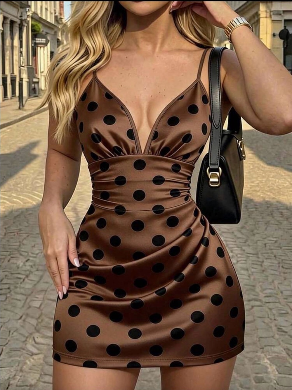 Polka Dot Satin Mini Dress in Brown with Black Dots